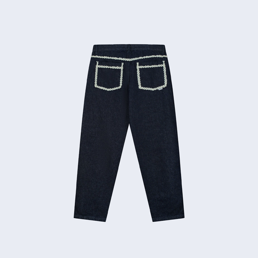 Flower Trim Denim Pants Blue