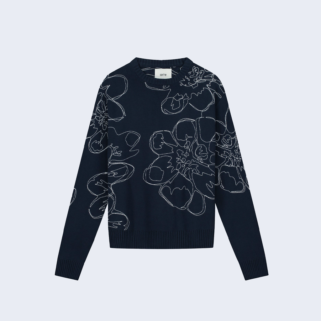 Embroidered Flower Knit Navy