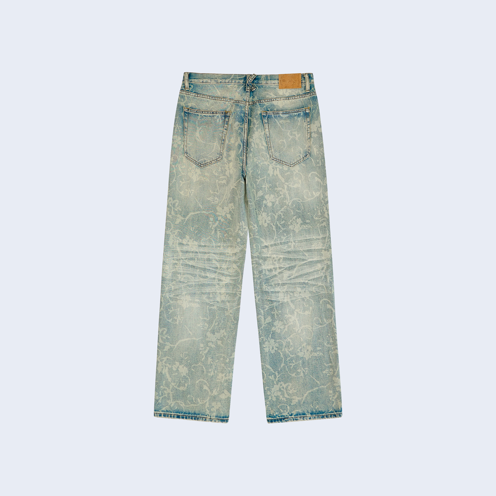 Face Floral Washed Denim Jeans / Light Mud Wash