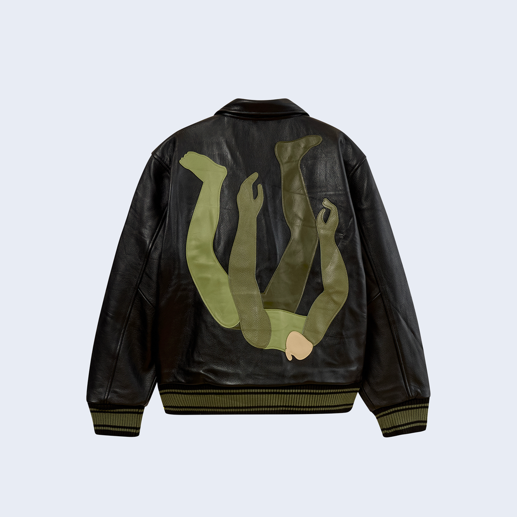 Falling Guy Soft Leather Varsity Jacket / Black