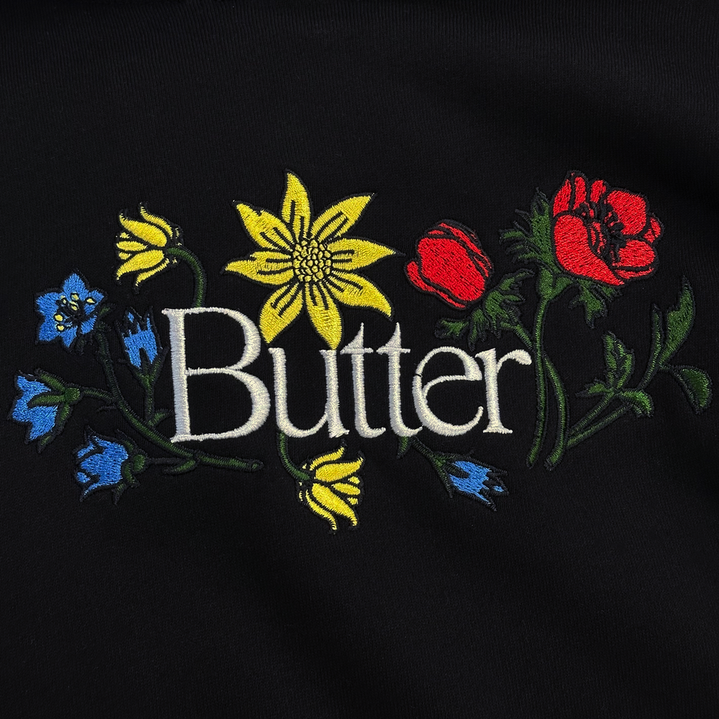 Floral Embroidered Pullover Hood Black