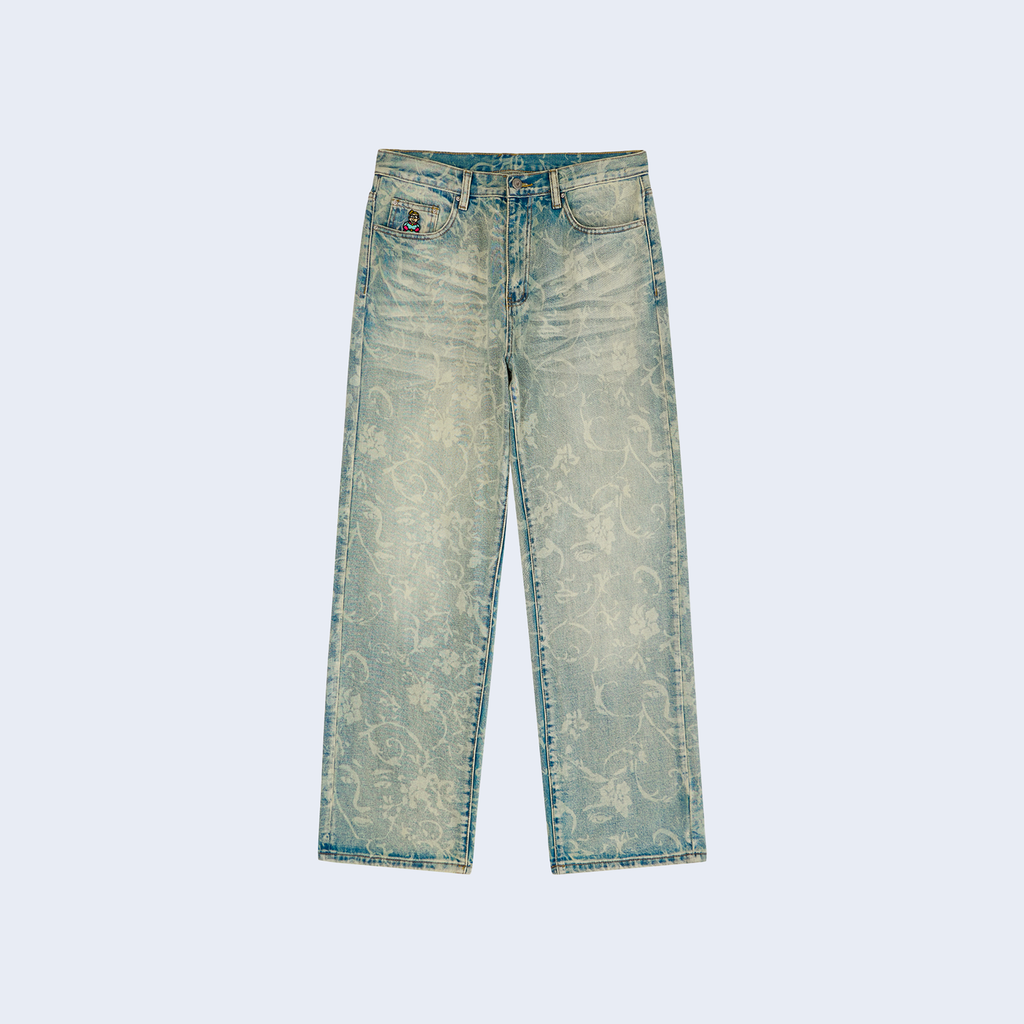 Face Floral Washed Denim Jeans / Light Mud Wash