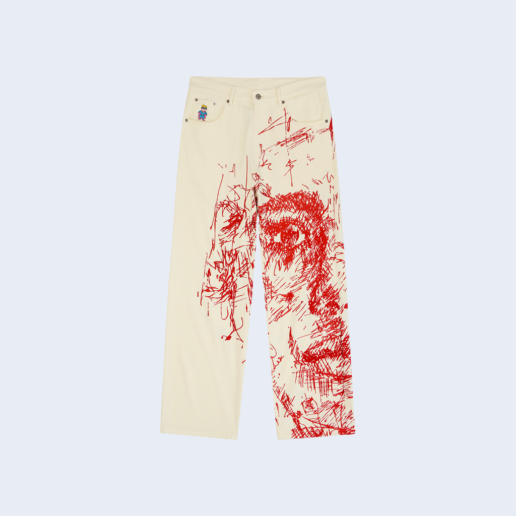 Embroidery Face Jeans Cream