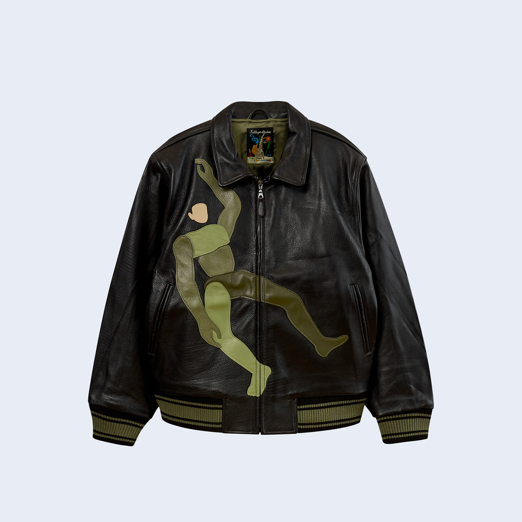 Falling Guy Soft Leather Varsity Jacket / Black