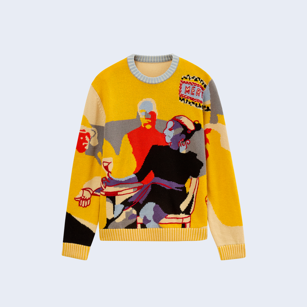 One Last Drink Hand Embrioderd Sweater Yellow