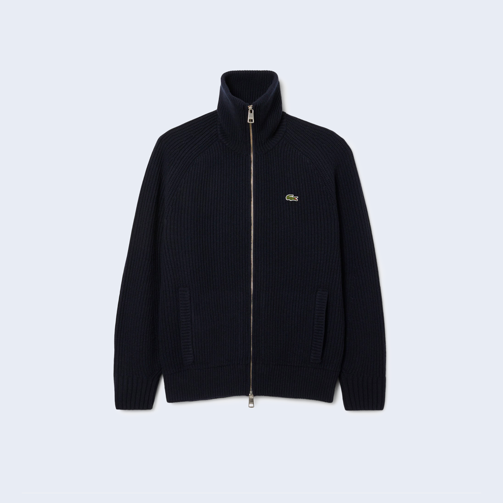 Zip Up Cardigan High Collar Carded Wool Navy Blue