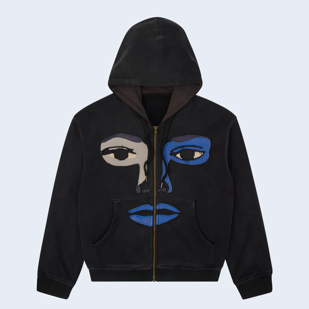 Patchwork Face Heavyweight Zip Up Hoodie Black