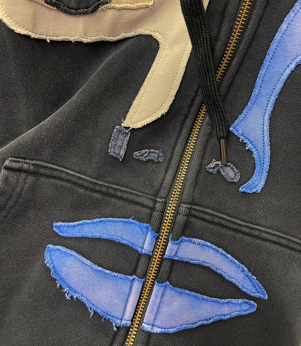 Patchwork Face Heavyweight Zip Up Hoodie Black