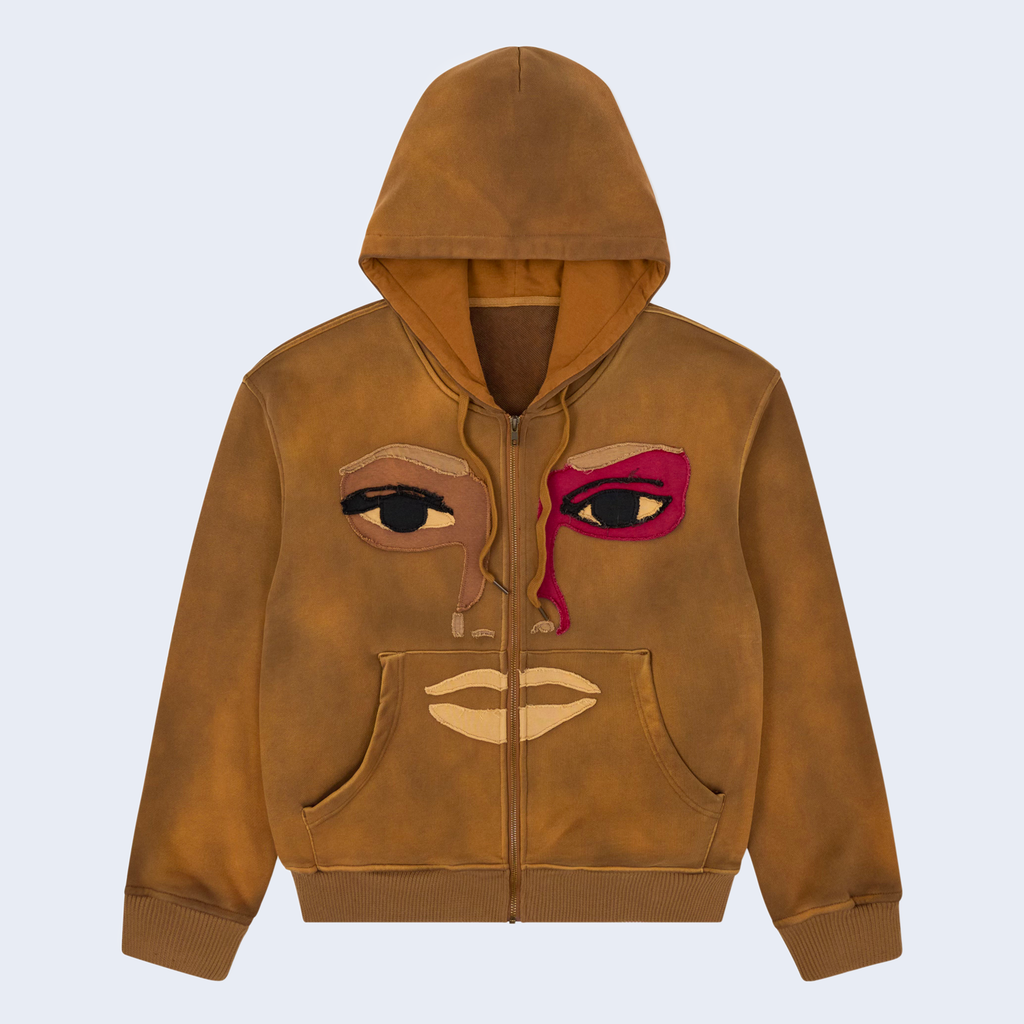 Patchwork Face Heavyweight Zip Up Hoodie Dark Brown