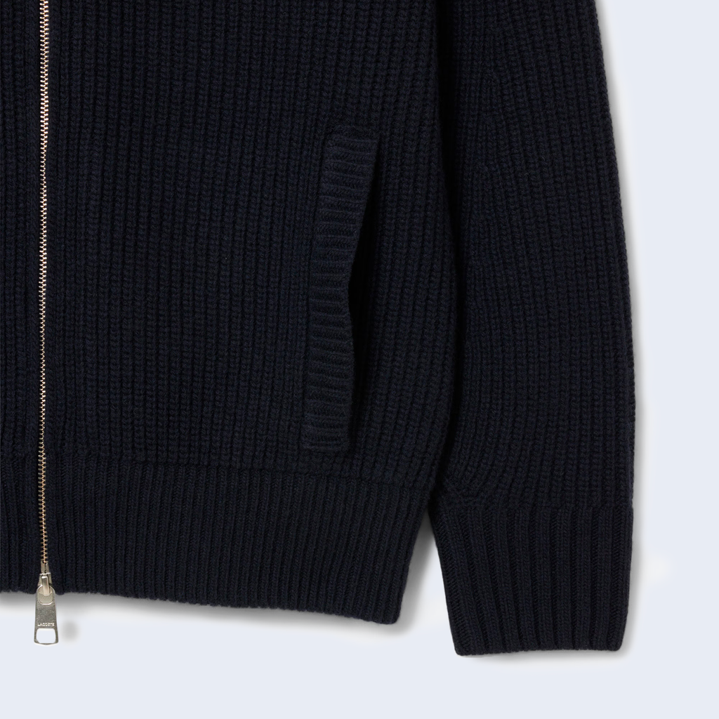 Zip Up Cardigan High Collar Carded Wool Navy Blue