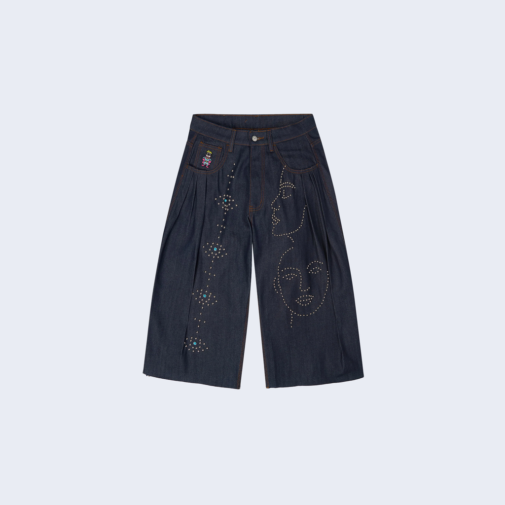 Studded Face Plated Long Shorts Raw denim