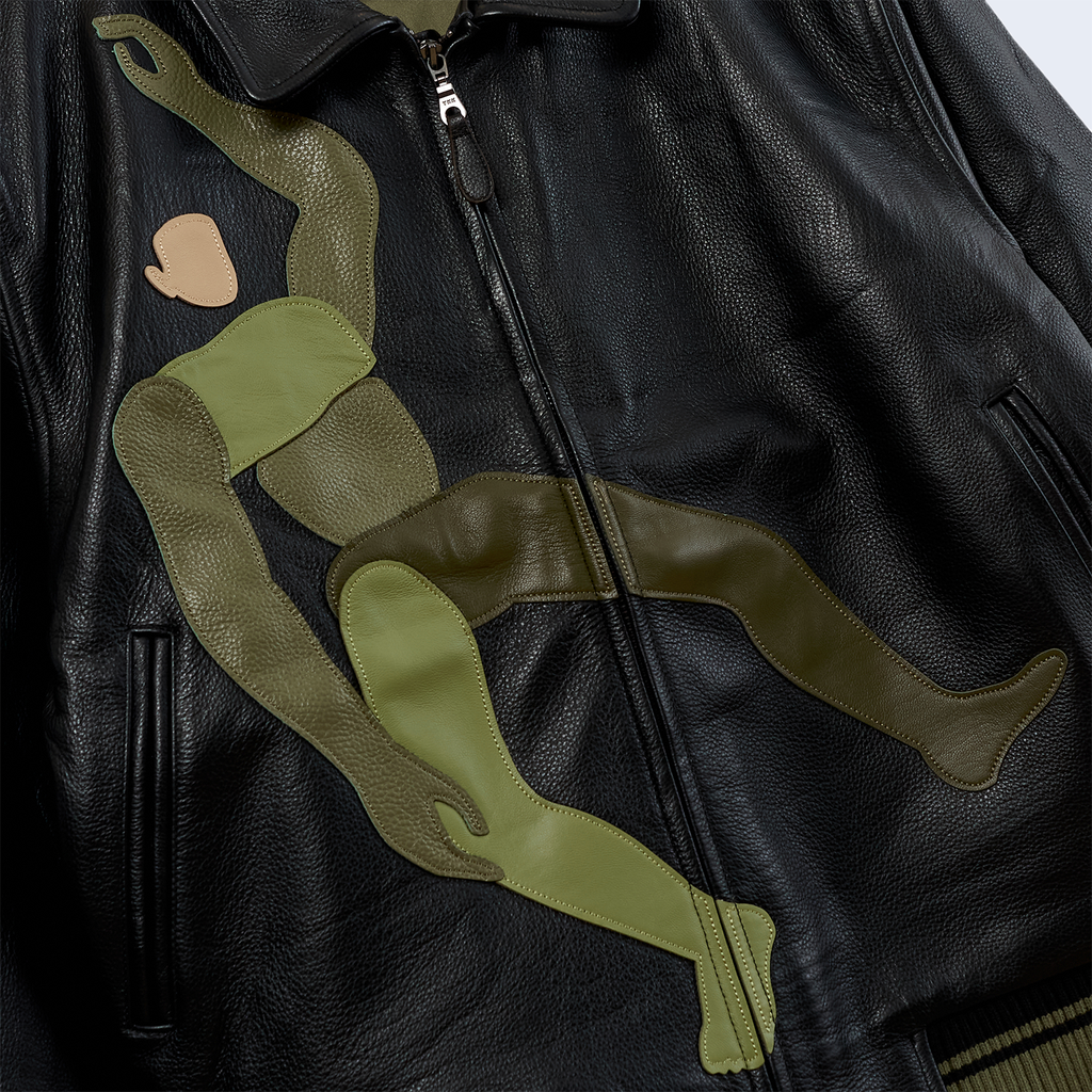 Falling Guy Soft Leather Varsity Jacket / Black