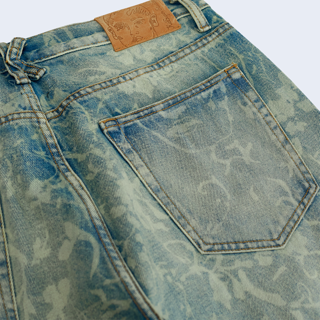 Face Floral Washed Denim Jeans / Light Mud Wash
